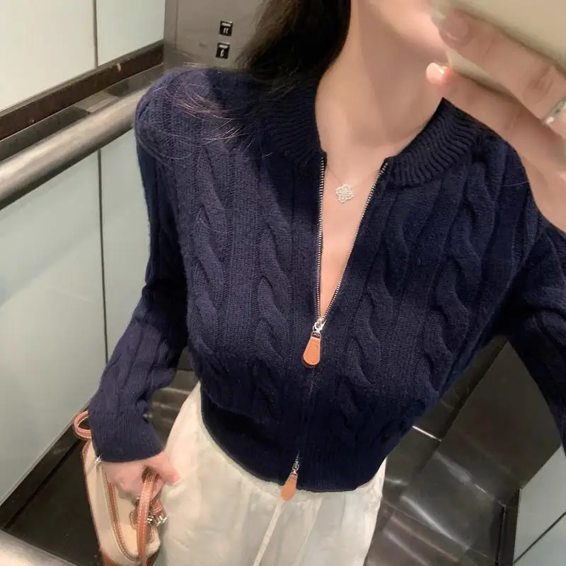 

Женский милый укороченный кардиган, приталенный плюшевый вязаный жакет на молнии, мягкий осенний новый пуловер, вязаный кардиган