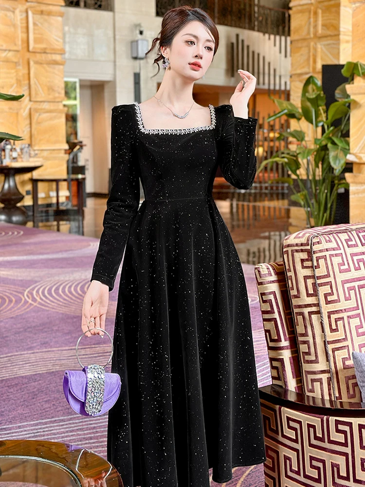 فستان سهرة رسمي حلو عتيق للنساء سيدة ريترو أسود لامع حجر الراين رداء طويل فام حفلة عيد ميلاد حفلة موسيقية Vestidos أنثى #5