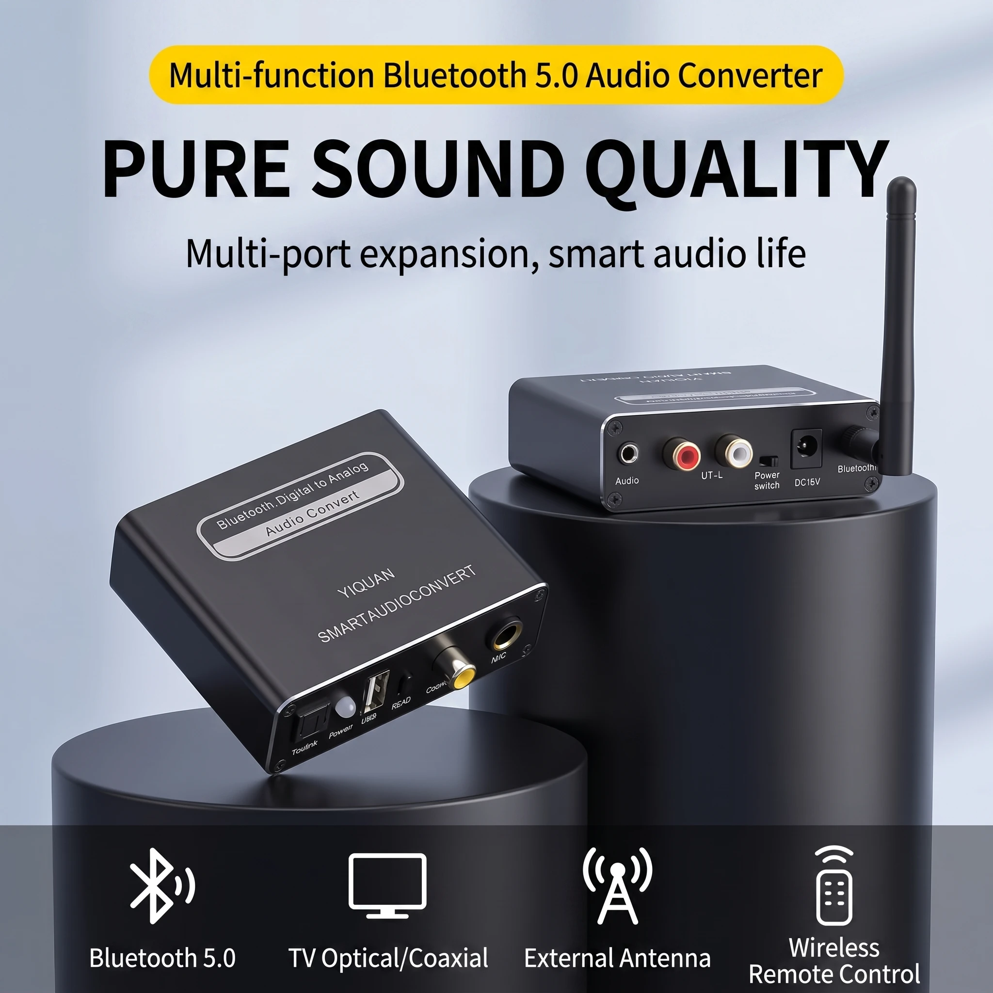 Bluetooth 5.0 DAC Converter Digital Optical Coaxial USB to RCA 3.5mm AUX Adapter Remote Mic 192kHz for TV Speaker Home Theater