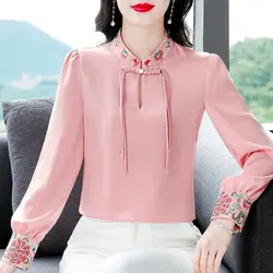 Spring Autumn New Stand Collar Long Sleeve Blouse Women High Street Embroidered Patchwork Button Pullovers Vintage Elegant Tops
