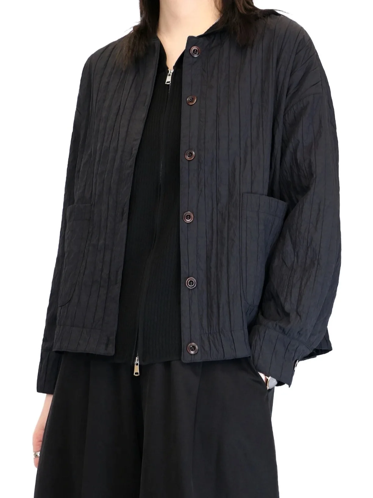 Elegant Vintage Black Pleated round Neck Oversized Women's Casual Loose Fit Coat Spring Autumn Stylish Slimming Open Cardigan...