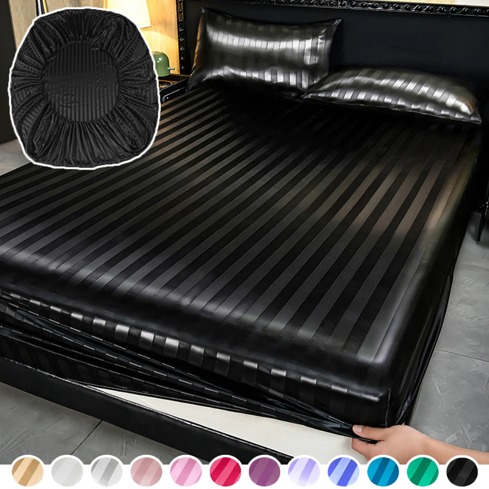 

Luxury Satin Striped Fitted Sheet with Elastic Band Bed Sheet Pillowcases Silky Soft Breathable Bed Cover Twin/Full/Queen/King