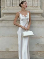 Sexy Women V-neck Satin Sling Maxi Dress Chic White Lace Patchwork Sleeveless Backless Slim Gowns Summer Evening Party Dresses