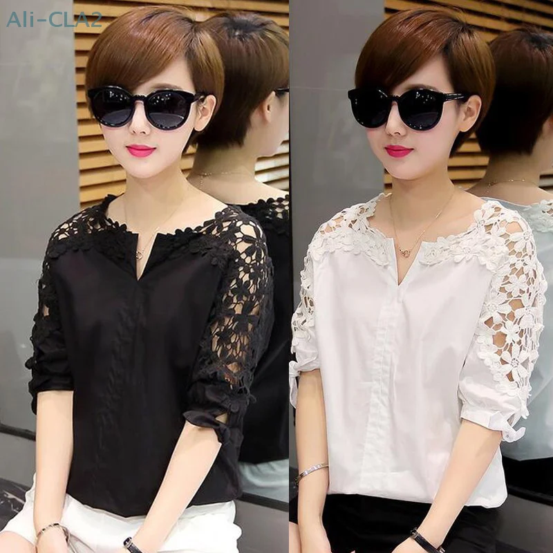 Lace Off-the-shoulder Shirt Large Over Size Women's Loose Korean Version Shirt Hook Flower Hollow Blouse Plus Size