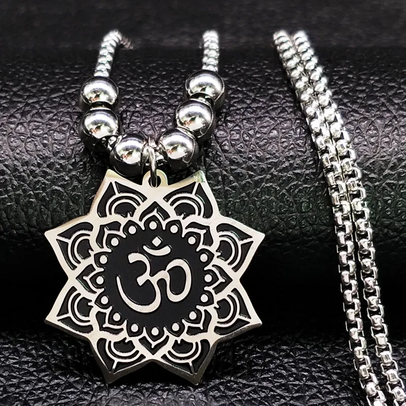 Lotus Stainless Steel OM Symbol Hindu Buddhist Necklace for Women Silver Color Bead Long Necklace Jewelry bisuteria N725S02