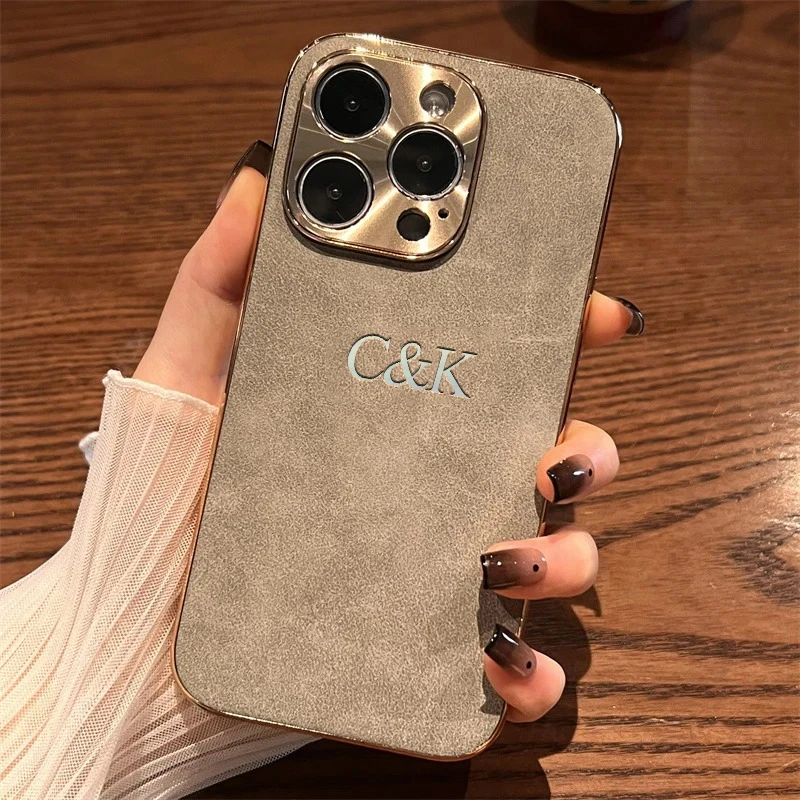 Personalized Customized Initials Name Case For Iphone 11 12 13 14 15 16 Pro Max Plating Electroplated Frame Lambskin Cover