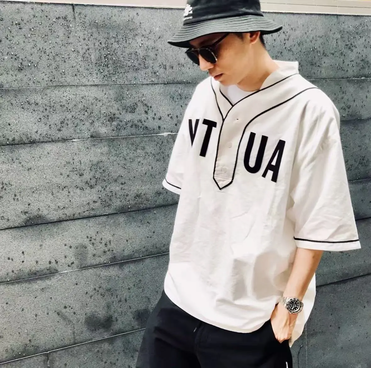 WTAPS Unisex Baseball Style T-Shirt V Neck Letter Graphic Print Short Sleeve  Tee Japanese College Fashion Casual Sports Top