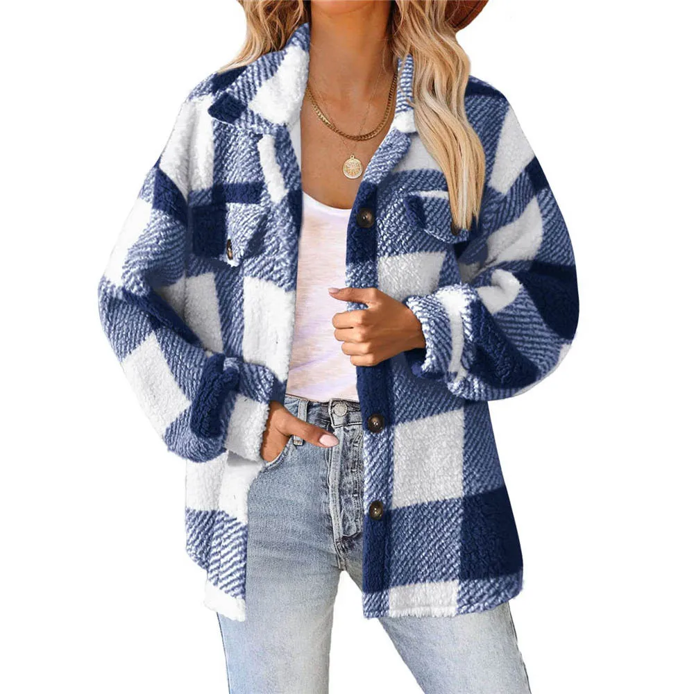 2024 Women Winter Fleece Sweater Vintage Plaid Cardigan Plus Size 3XL Loose Jacket Sherpa Fuzzy Shirt Version Sweaters