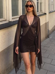 Nibber See Through Sexy Summer Dress Women Cross Bandage Low-Neck Backless Flare Sleeve Midnight Coquette Midnight Party Bodycon
