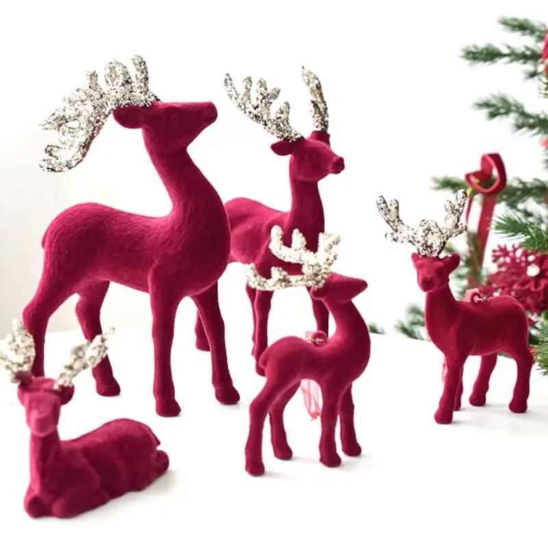 

3pcs Christmas 3D flocked Reindeer Christmas elk ornaments Standing Xmas Wine Red Elk Deer Dolls Home Party Decoration