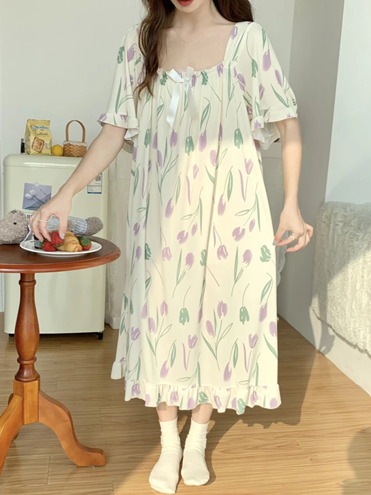 plus Size Sleep Dress Women Summer Ice Silk Short Sleeve 300 Pounds Medium Length Sweet Princess Style Home Skirt Sleepwear