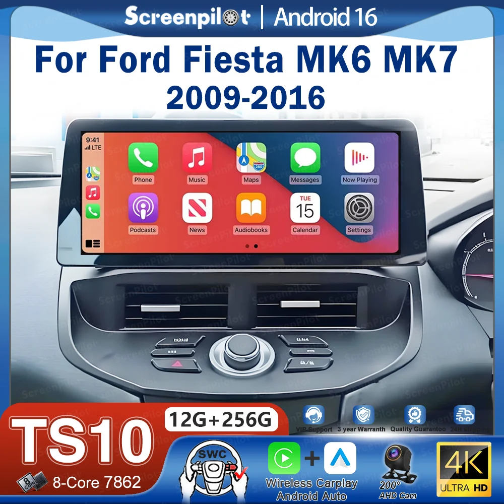 Rádio Automotivo Android 16 de 12,3 polegadas para Ford Fiesta MK6 MK7 2009-2016, Unidade Central com CarPlay, Tela Sensível ao Toque, Wi-Fi, 8 Núcleos e Bluetooth.