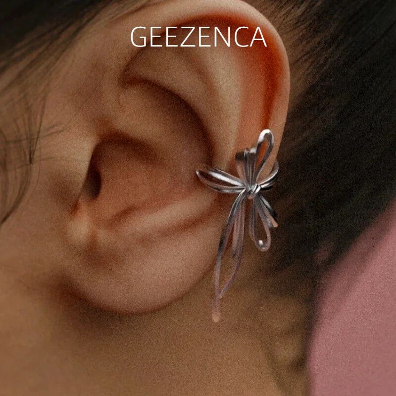 

GEEZENCA 1 Piece 925 Sterling Silver 3D Bowknot Clip Earrings Women Trendy Dainty Lightweight Non Pierced Statement Earring Gift