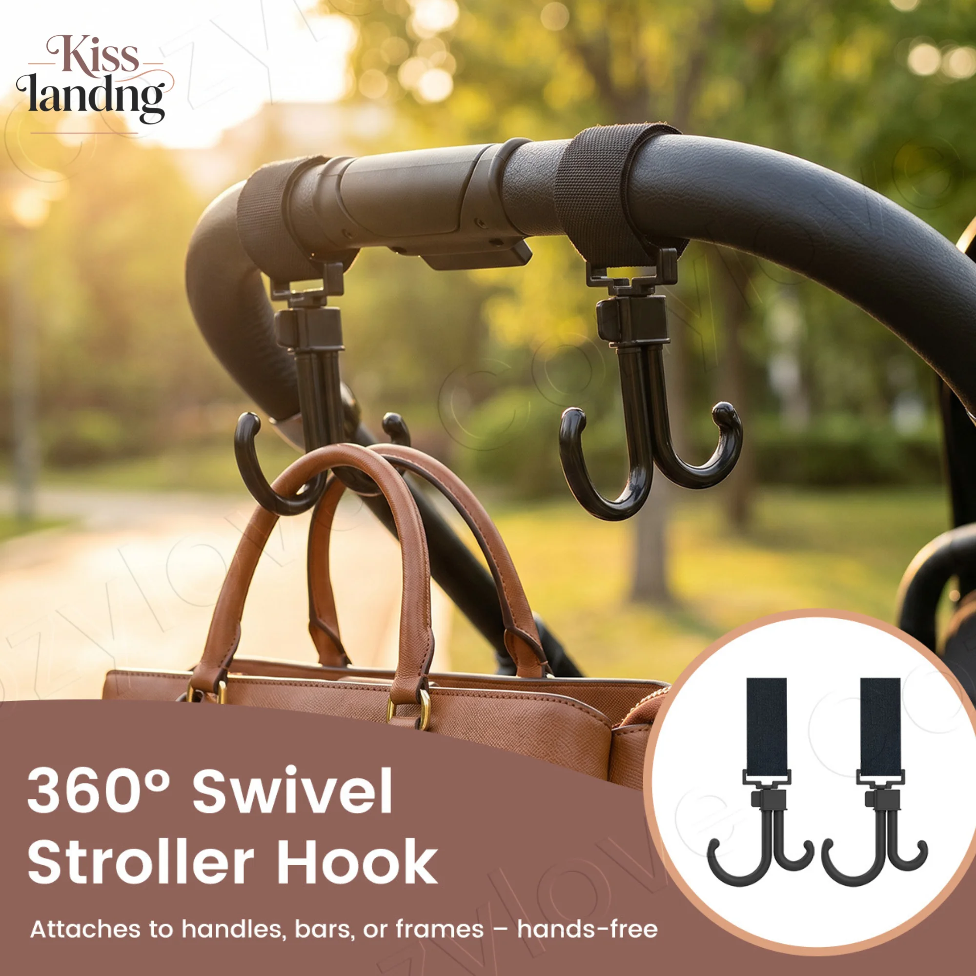 2 Pack 360° Swivel Stroller Hooks,Double J-Shaped Universal Stroller Accessory Hanger with Adjustable Nylon Strap for Diaper Bag