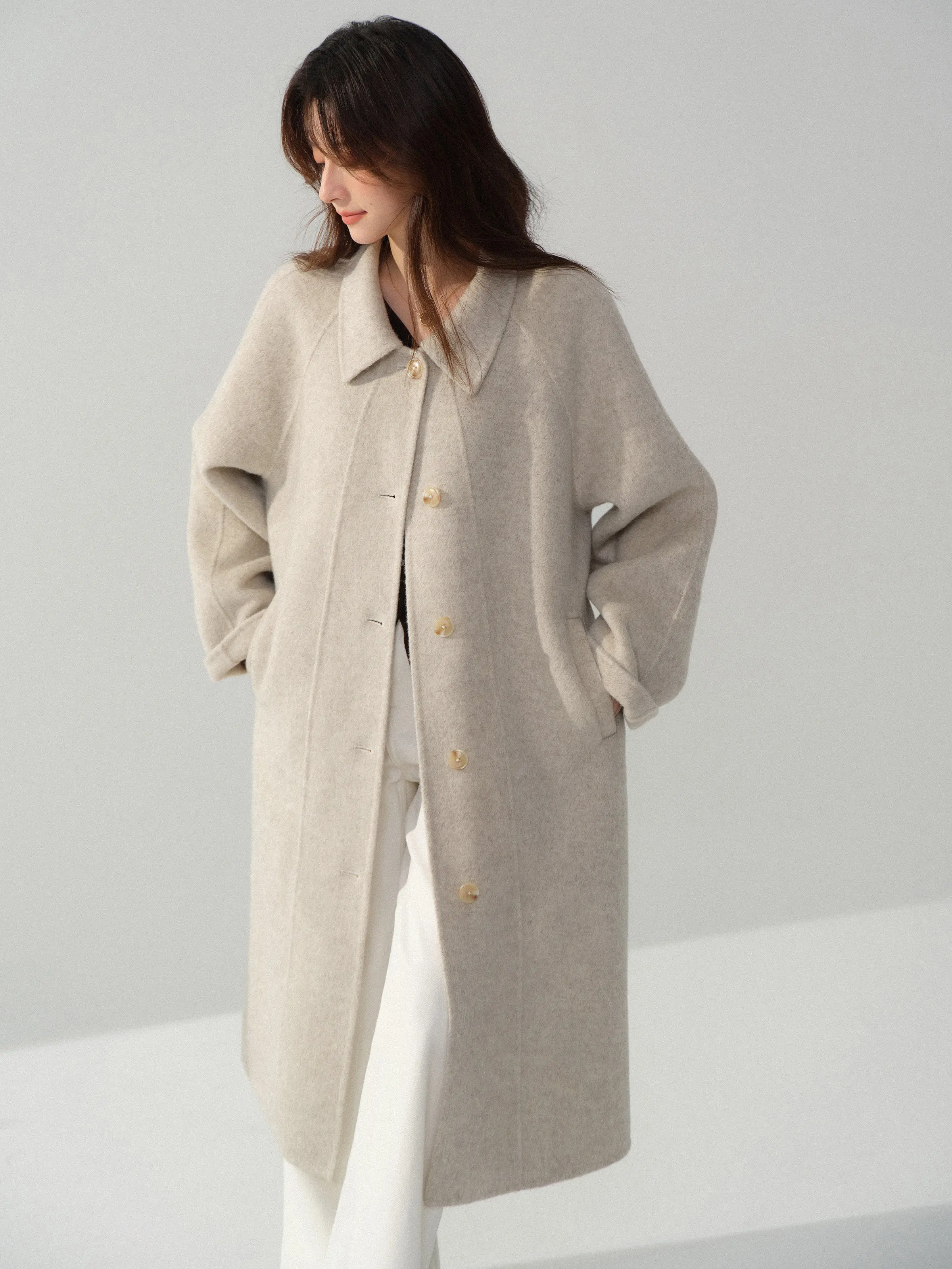 Vintage Wool Coat Women Lady H-Line Long Outerwear Small Lapel Double-Sided Style Petite Friendly Elegant Daily Commuter Jacket