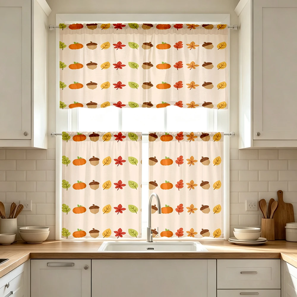Thanksgiving Fall Kitchen Curtains, Pumpkin Acorn, Digital Print, Kitchen Dining Room, Rod Pocket Polyester, Home Decor