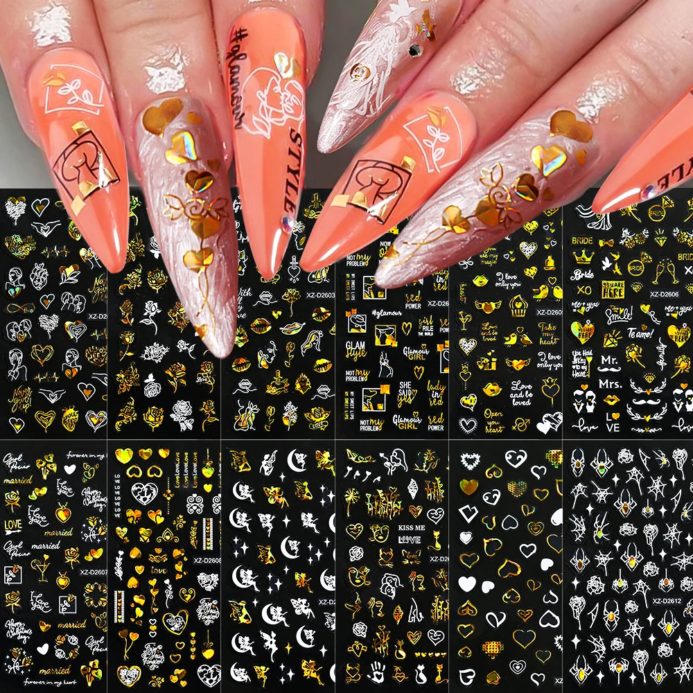 3D Gold Rose Nail Art Stickers Charms Valentine Laser Heart Line Lips Bows Nail Design 3 Style Love Self Adhesive Slider Decals#