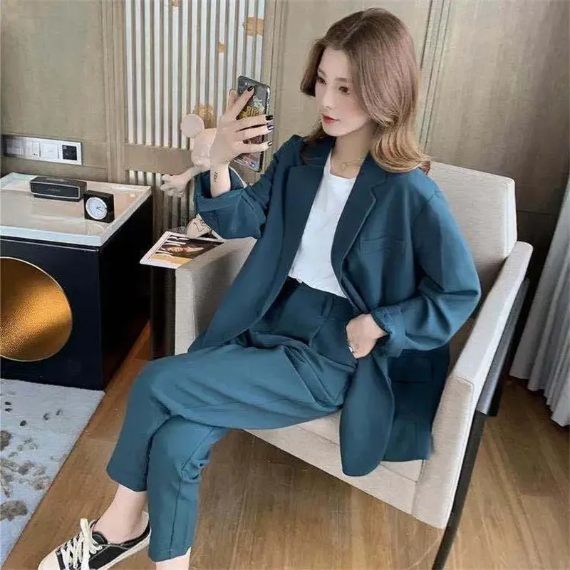 2023 Hong Kong Style Korean Edition Early Autumn Peacock Blue Style Student Fragrant Loose Work Suit Set Two Piece Set Women