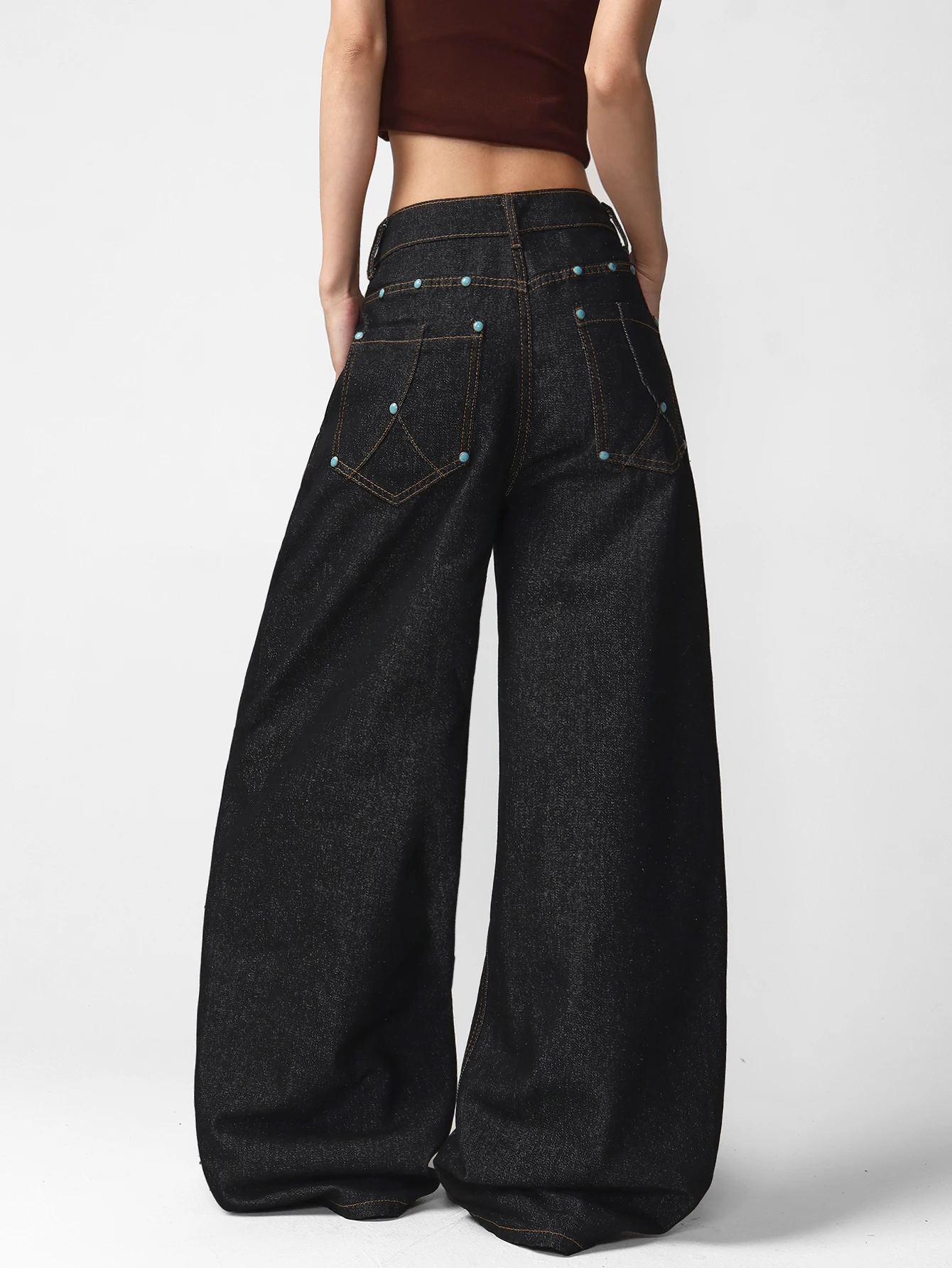 American-Style Personalized Design, Blue Rivet Decoration, Loose Fit, Street Fashion, Versatile, Wide-Leg Black Jeans For Women