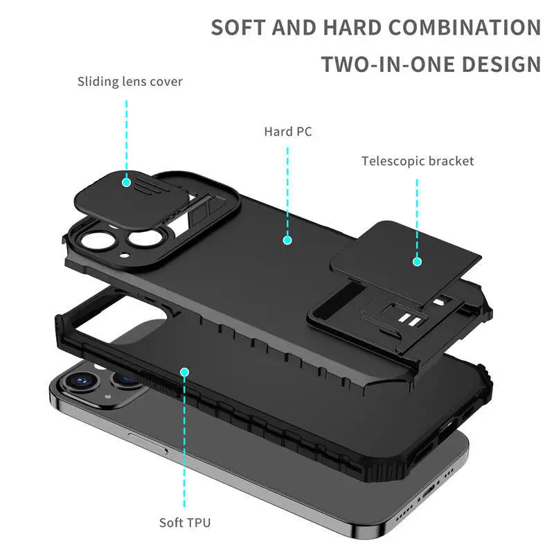 For Apple iPhone 13 12 11 8 7 X XS XR Plus Pro Max Phone Case, Three-dimensional Bracket Push Windows Camera Protection Cover