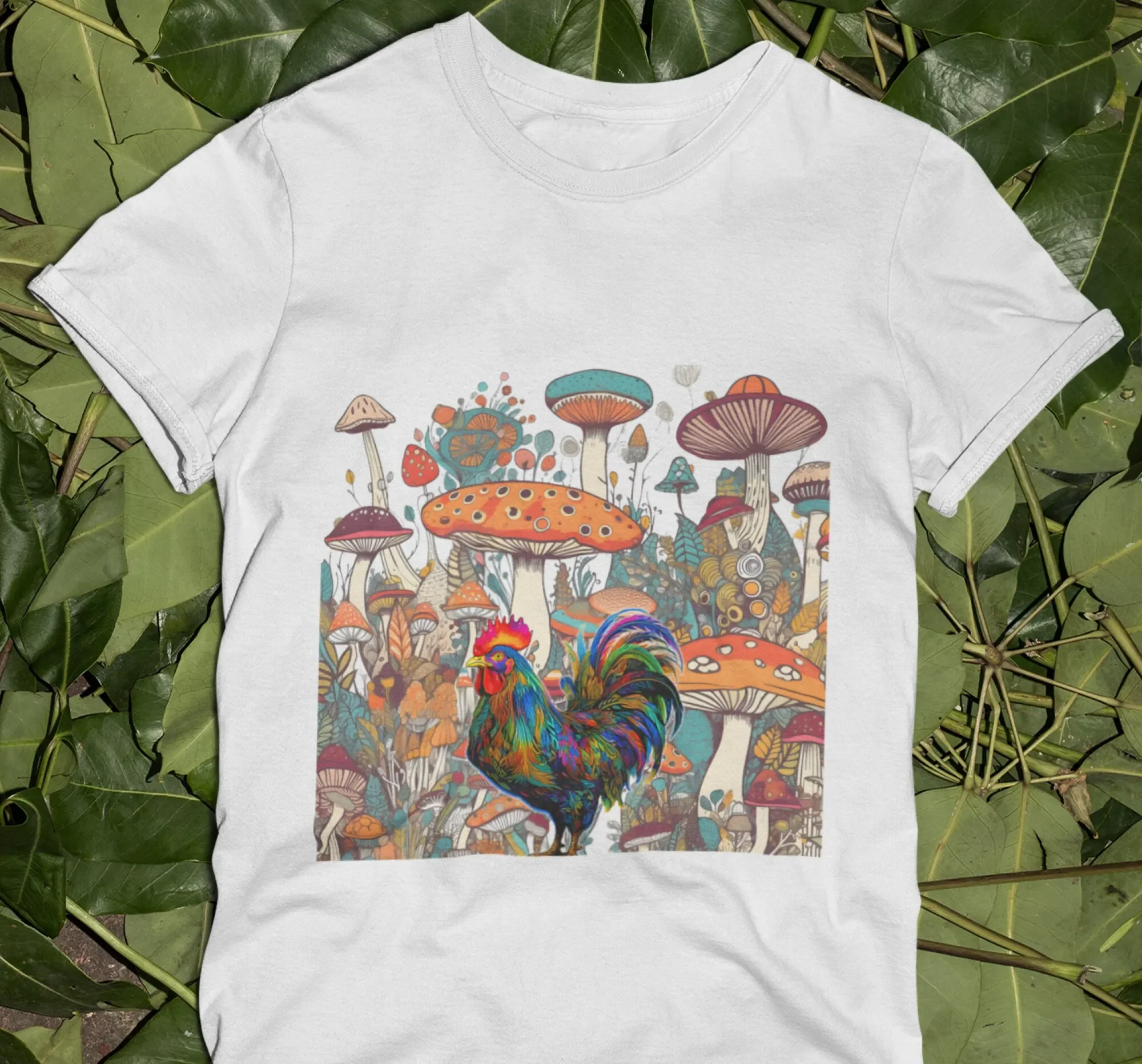 Trippy rooster T Shirt Heavy Cotton Psychedelic Chicken Mushroom Wonderland christmas