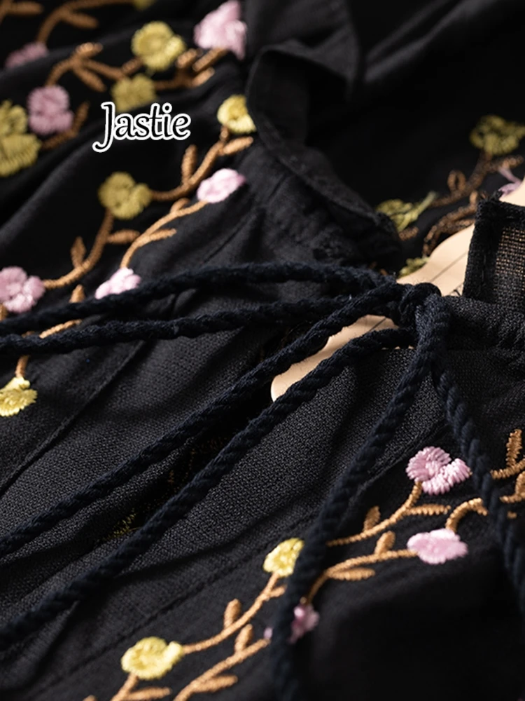 Jastie-ブラックコットンフローラル-女性用刺dressドレス、自由奔放に生きるドレス、ワイドネック、3/4スリーブ、膝上の長さ、春と秋、2024