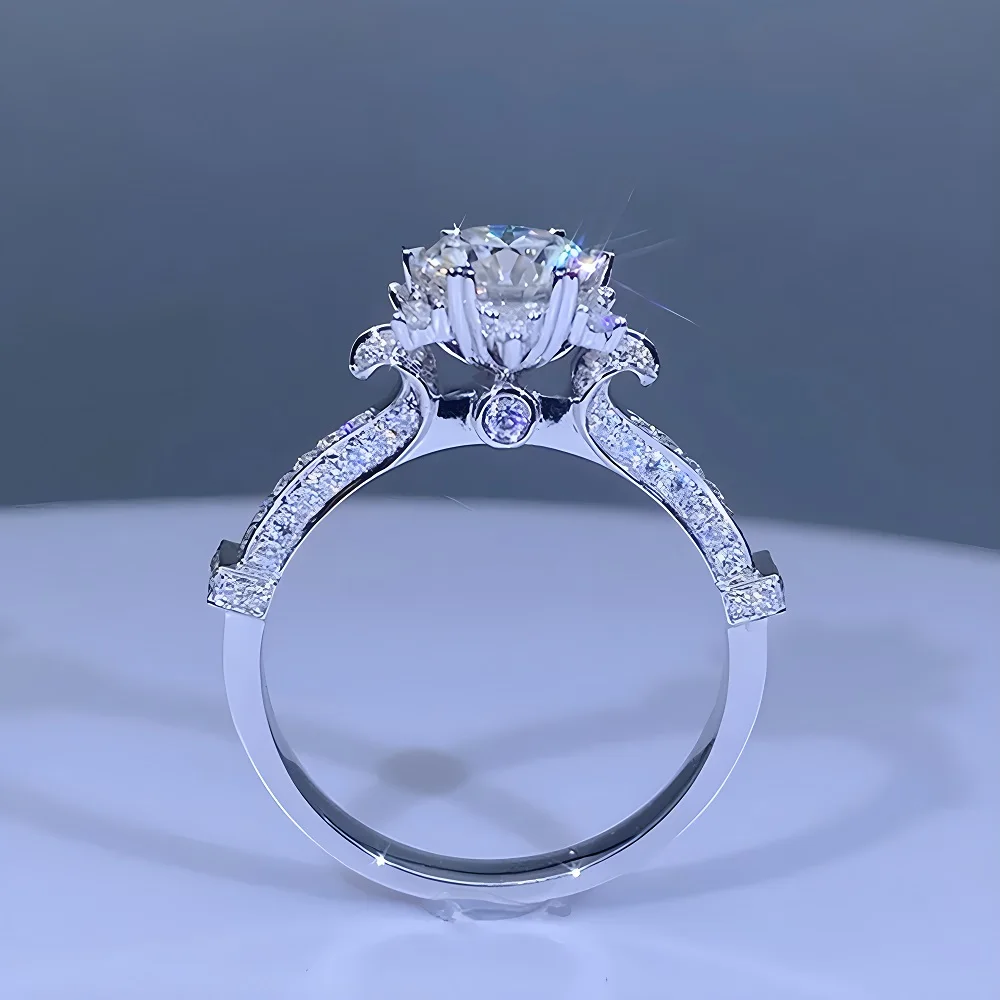 

Real 18K White Gold Ring Women Engagement Anniversary Party Wedding Ring Round Moissanite Diamond Vintage Flower 1 2 3 4 5 Carat