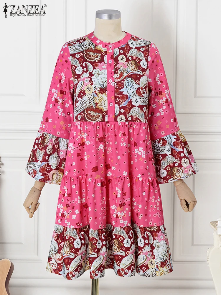 Zanzea boêmio feminino vestidos de festa manga longa floral impresso na altura do joelho vestido de verão 2025 outono casual vintage babados vestidos