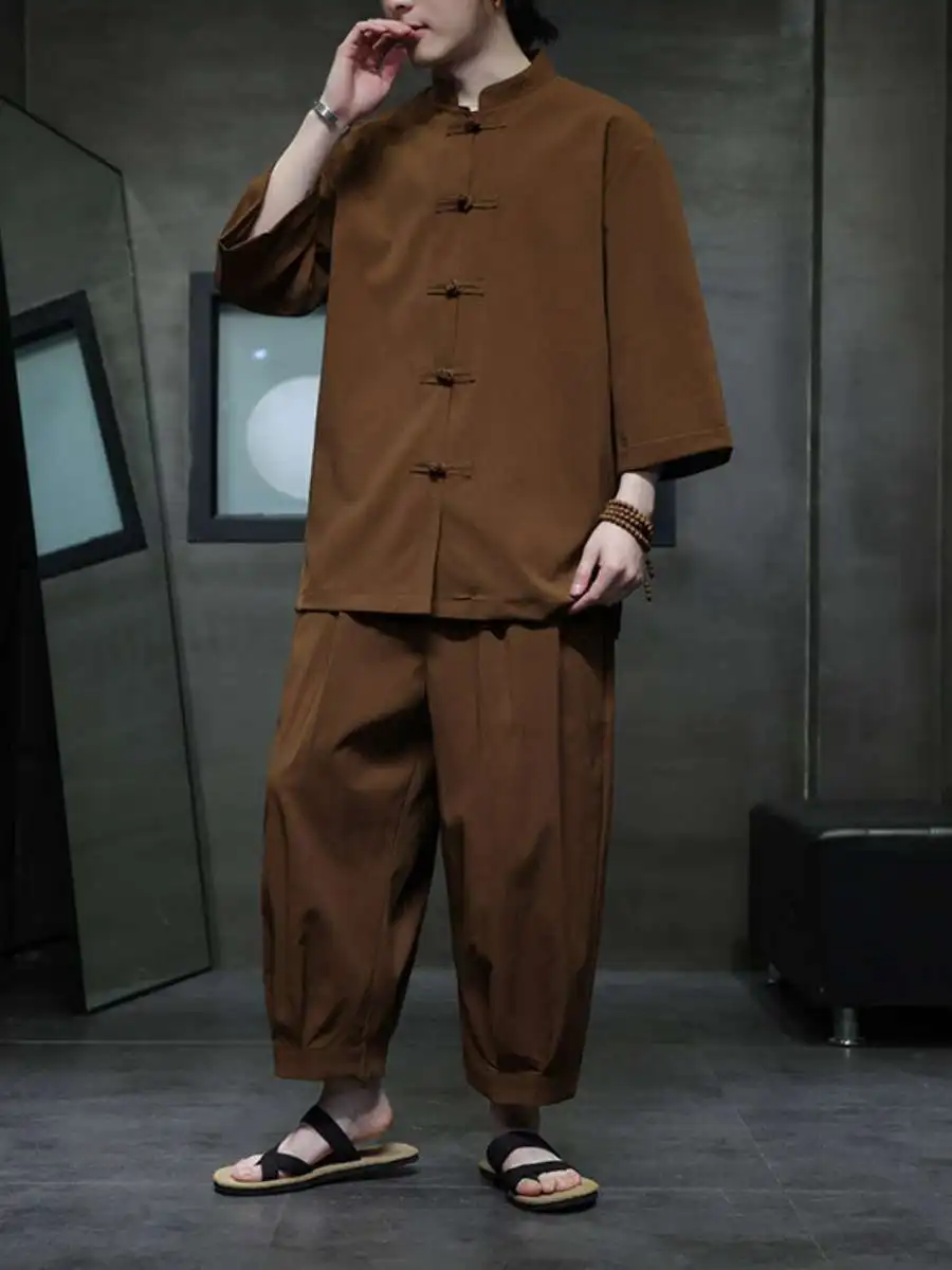 

New Summer Cotton Linen Men's irt Tee-Quarter Sve Copper Button Loose Tang Costume Vintage Sle Casual Ethnic Wear
