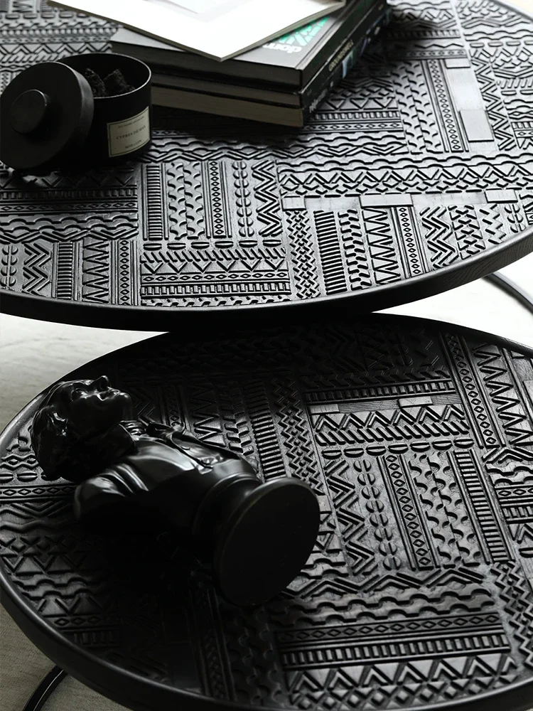 Nordic imported oak solid wood hand-carved round combination art black edge table, coffee table