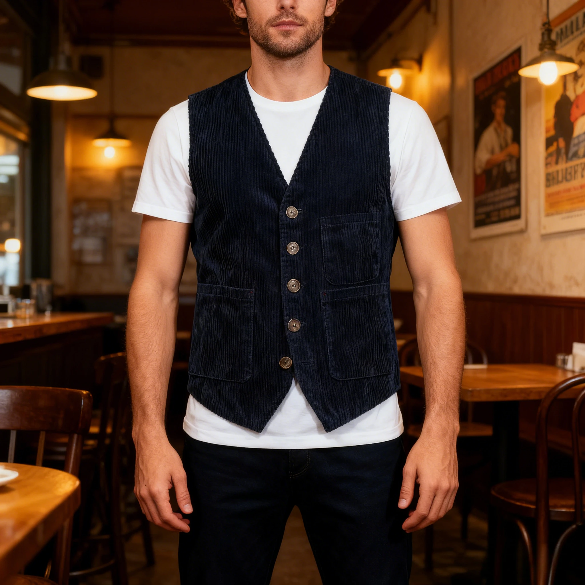 

Solid Color Single-Breasted British Jacket Sleeveless Spring & Autumn Retro Corduroy Vest Workwear Style Pocket Panel