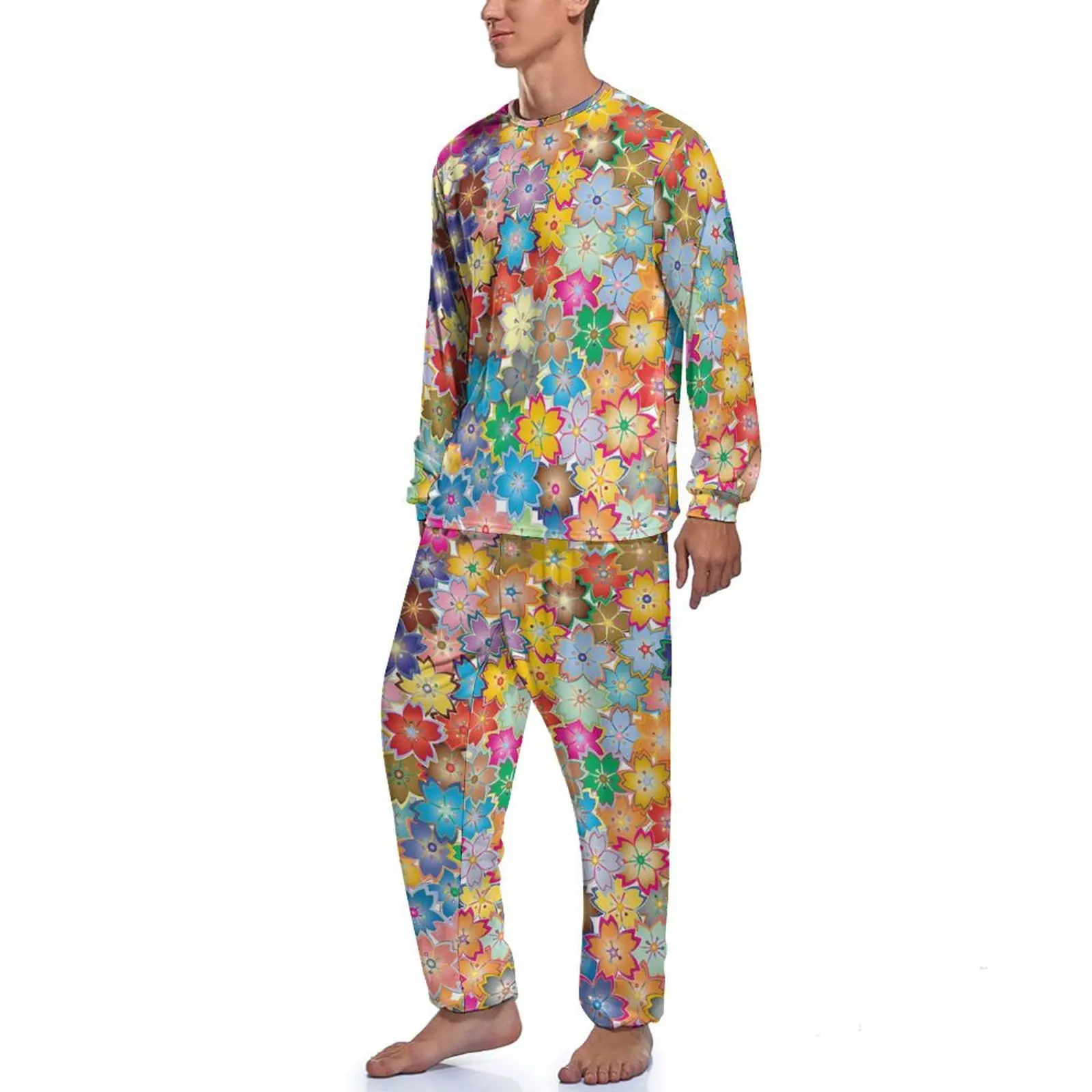 Sweet Ditsy Floral Pajamas Colorful Flower Men Long-Sleeve Trendy Pajama Sets 2 Pieces Home Spring Design Sleepwear Gift