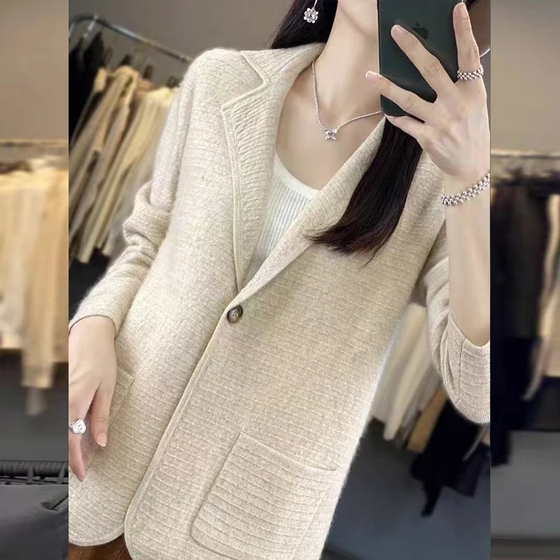 الخريف الشتاء المرأة كاميرا الصوفية سترة مشغولة من الصوف معطف عادية Sle العادية Sve ألياف البوليستر لون نقي زر واحد