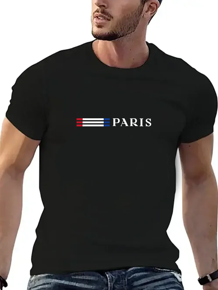 

Summer Men's 100_ Pure Cotton Casual Loose Plus Size Paris French Printed Sports Comfortable Round Neck Short Sleeved T-shirt