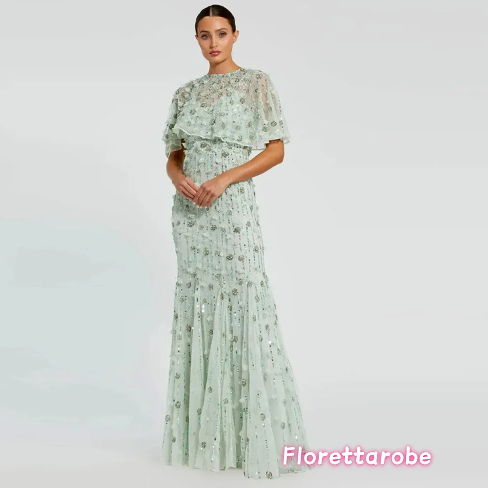 Florettarobe Women's Green Long Prom Dress O-Neck Short-Sleeved Handmade Beads Sequins  Evening Dresses Party Gowns Customized image 3