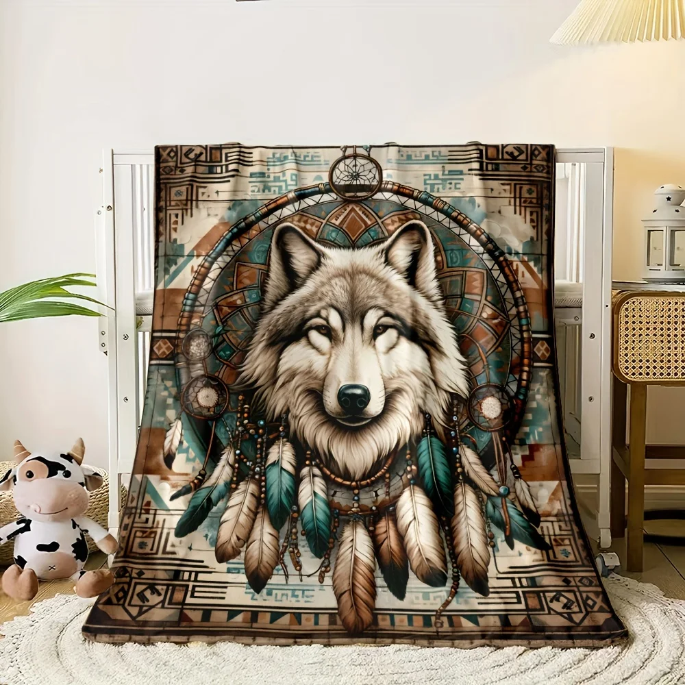 1pc Cozy Bohemian Dreamcatcher Beige Wolf Print Blanket-Lightweight Flannel Throw For Sofa, Office, Bed, Livingroom, Couch, Trav