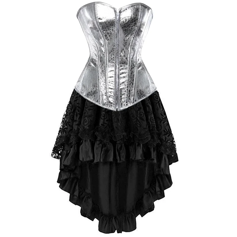 

Leather Corset Dress Sexy Bustier Top Skirt Set Overbust Corselet Zipper Burlesque Gothic Vintage Plus Size Halloween Costume