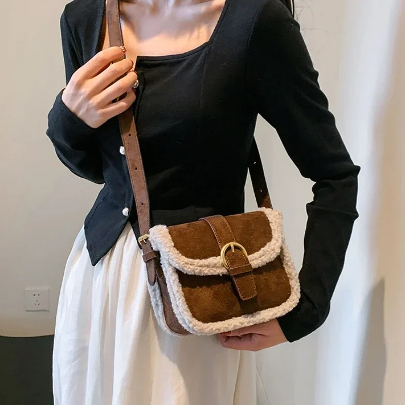 Fashion Lamb Wool Patchwork Square Bag for Women Autumn Winter Popular Furry Handbag Cute Female Crossbody Bag Bolsos De Mujer