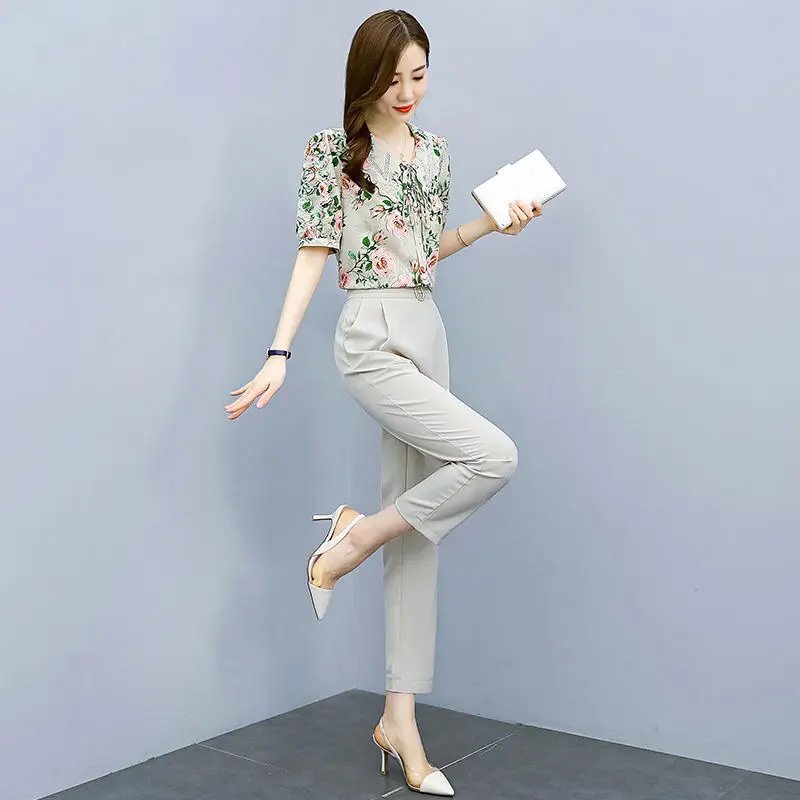 Casual Chiffon Shirt Professional Suit 2022 New Female Summer Lady Temperament Wear with Foreign Style Fashion Two-piece Set