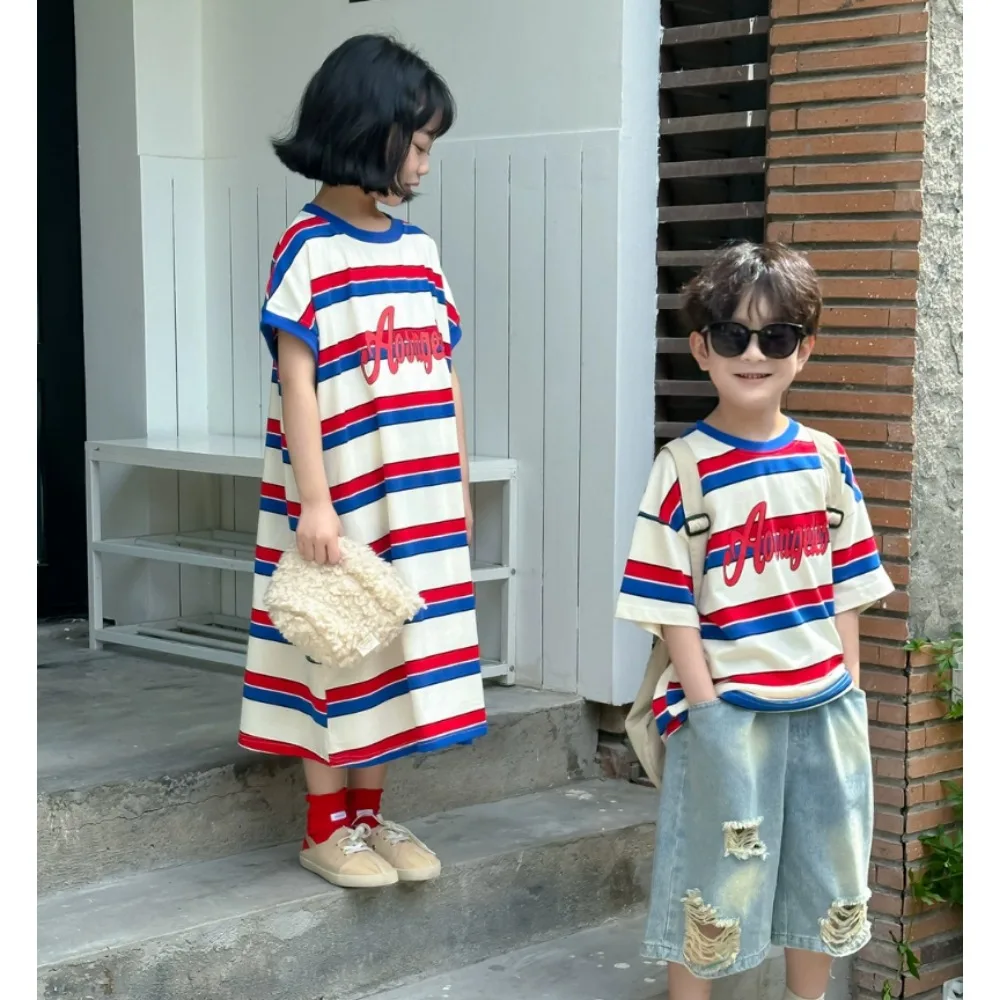Brother and Sister Clothes Summer New Hot Sale Color Striped Boy's Short-sleeved T Shirt Or Long Loose Girl's Dress