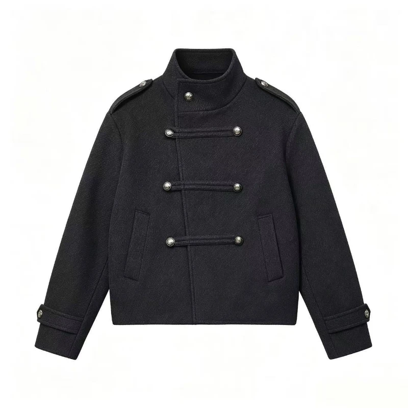 Women Jacket Vintage Old Money Wool Blend Napoleon Double Breasted Stand Collar Harajuku Unisex Asymmetric Button Tree Pattern