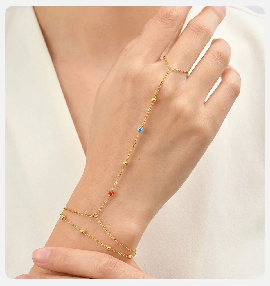 Vnox Elegantes Herz-Blumen-Zirkon-Armband mit Fingerring für Damen, Vergoldet mit Rosa CZ Tropfenförmigem Mehrschichtigem Ring-Armband, Party-Schmuck – Detail 4