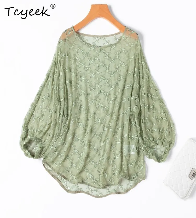 

Tcyeek Summer 100% Mulberry Silk Shirt,Women Embroidery O-Neck Loose Semi Perspective Sun Protective Clothing,New 2025T55748JF