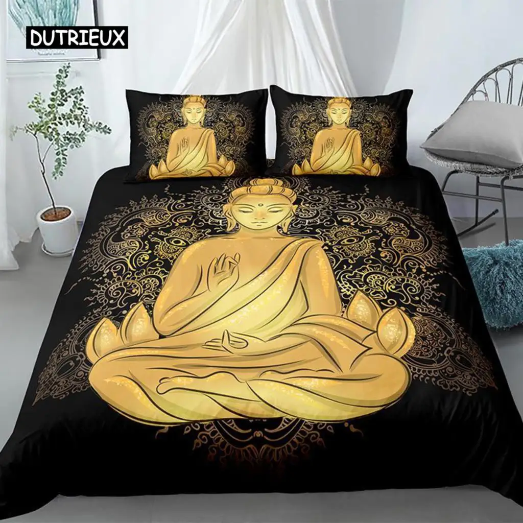 

Buddha Duvet Cover Set King Size Exotic Ethnic Bohemian Bedding Set Microfiber Golden Buddha Statue Print Gorgeous Quilt Cover