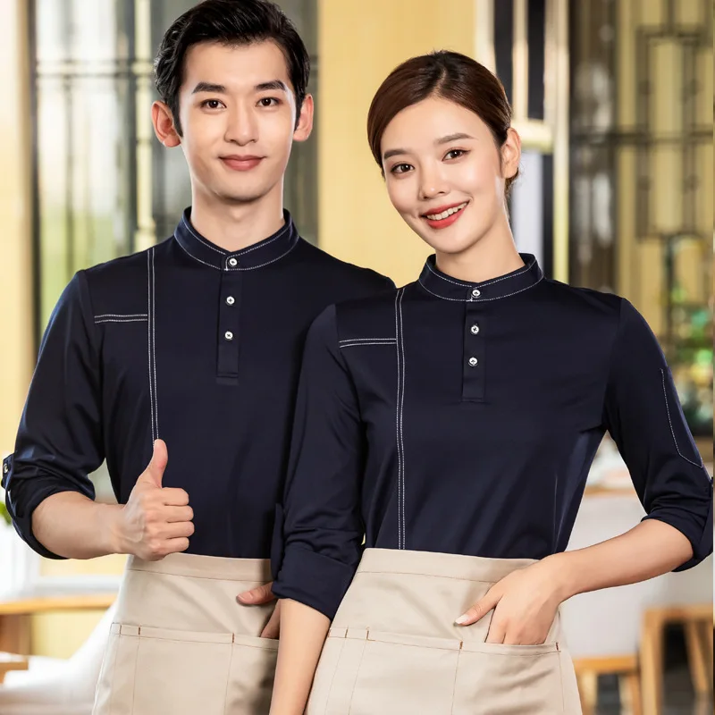 

Hotel Work Clothes Long-Sleeved T-shirt Catering Waiter Hot Pot Restaurant Enterprise Group Print and Embroidery Workwear Wholes