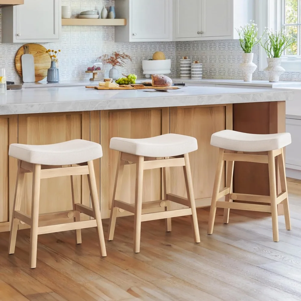 Bar Stools Set of 3, Barstools with Sturdy Wood Legs, Saddle Seat Counter Height Bar Stools 24 Inch Farmhouse Counter Stools