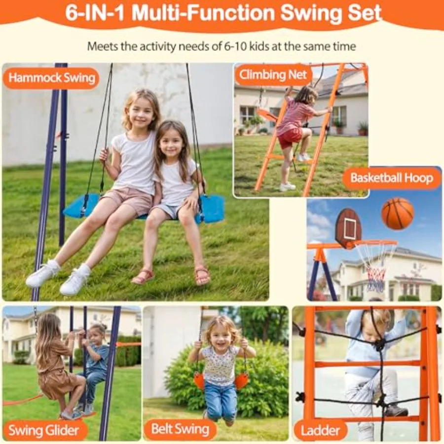 6-in-1-Metallschaukelsets für die robuste Outdoor-Kombination im Hinterhof mit 2 Schaukeln und Kletterleiter, Netze, Wippe und Basketball
