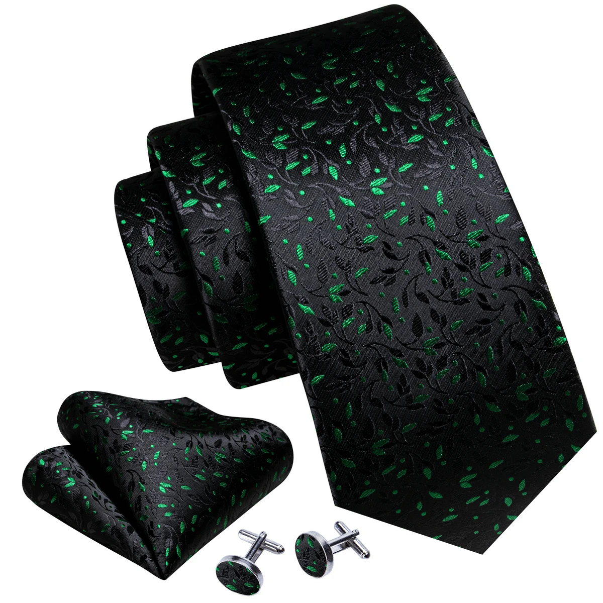 Conjunto de corbatas de seda de lujo para hombre, corbata de cuello Floral, conjunto de gemelos, pañuelo, negro, hojas verdes, boda, fiesta de