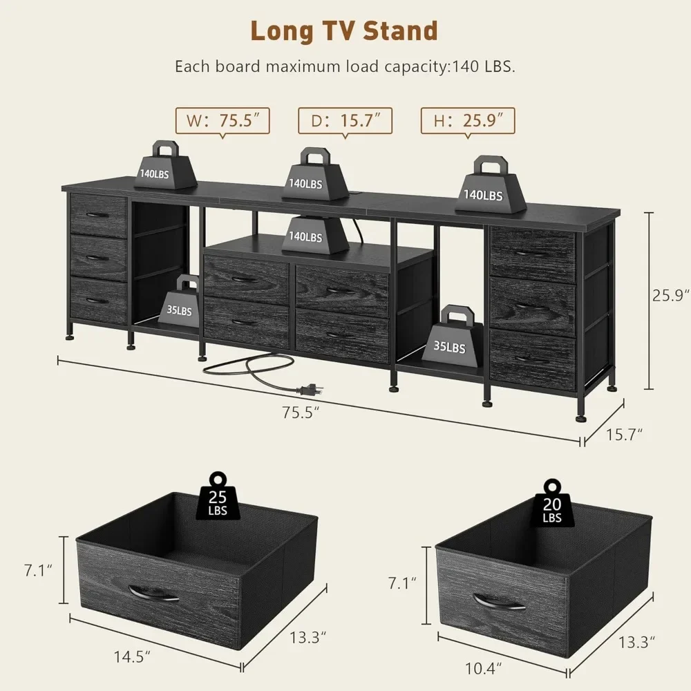 Cômoda de suporte de TV de 85 "para TV de 75 80 85 polegadas 75.5" W Suporte de TV para quarto com LED e tomadas de energia e 10 gavetas