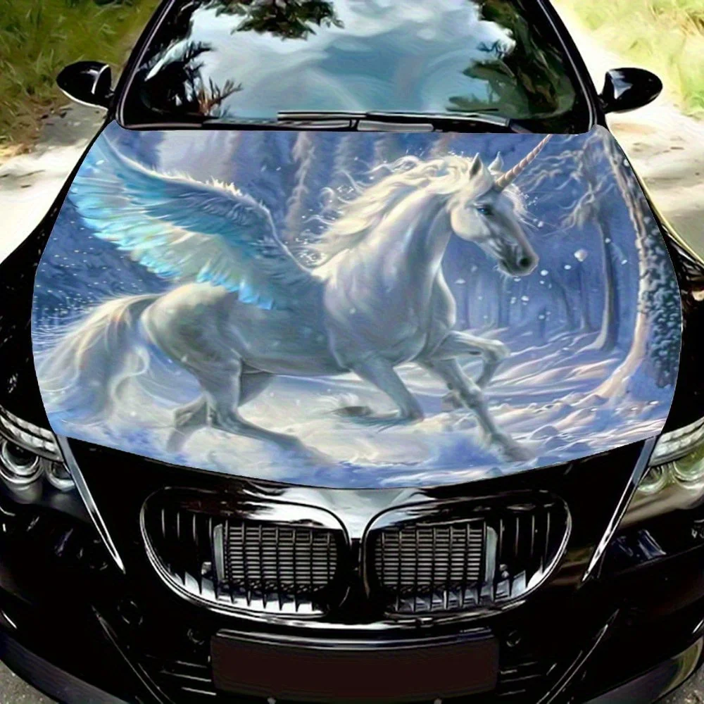 

Dramatic White Horse With Wings Car Hood Sticker Waterproof, Scratch Resistant, Suitable For All Models - Auto Accessories And H